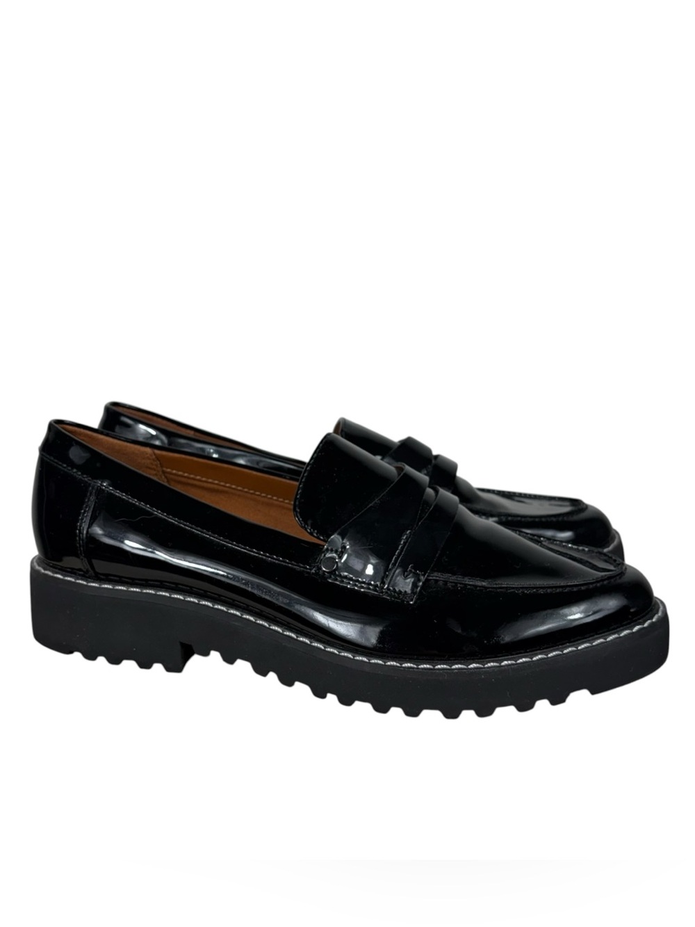 Franco Sarto Cassandra Black Faux Patent Leather Chunky Slip On Loafers 8 Office